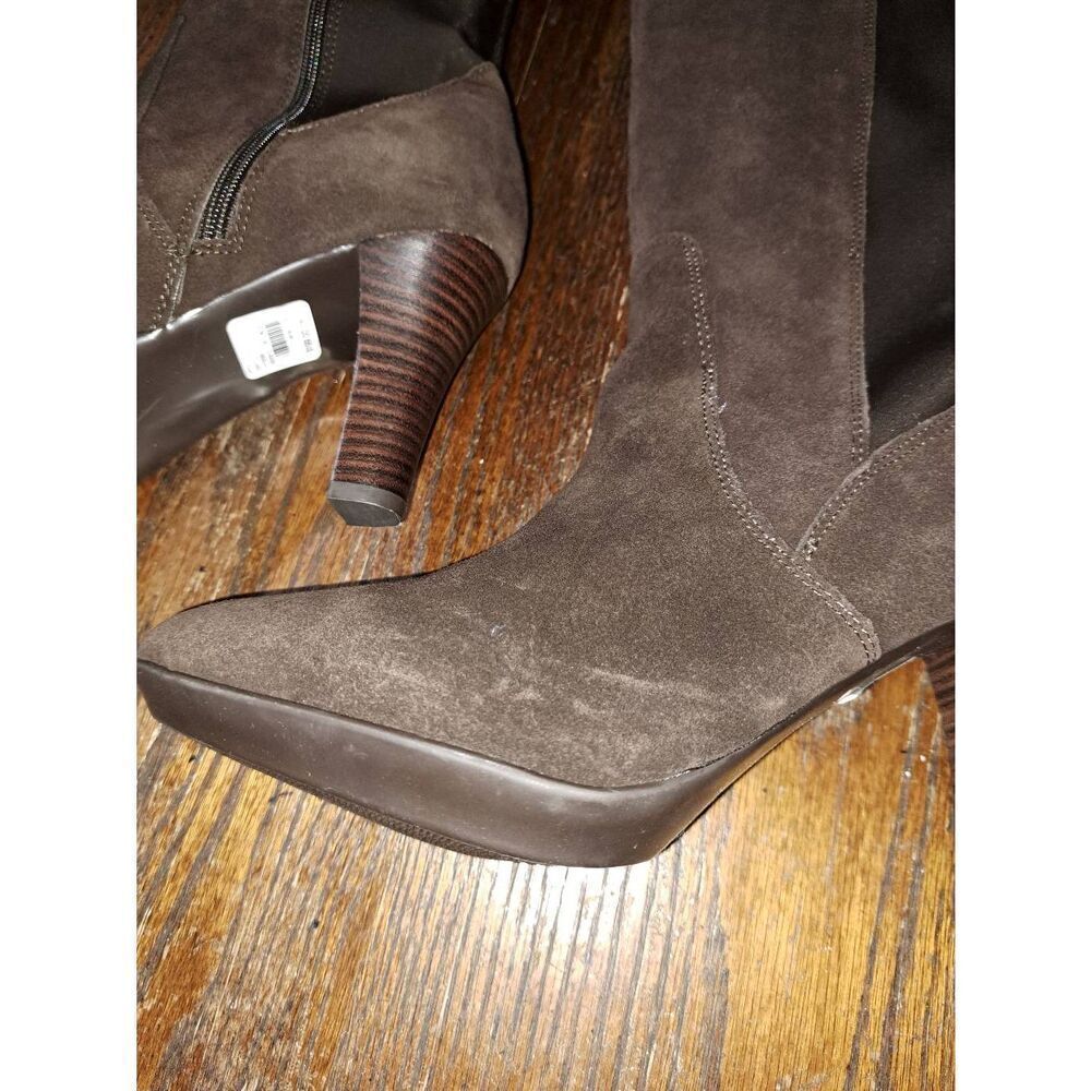 New Size 10W Lane Bryant Brown Suede Leather Round Toe Stacked High Heel Boots - Picture 5 of 8